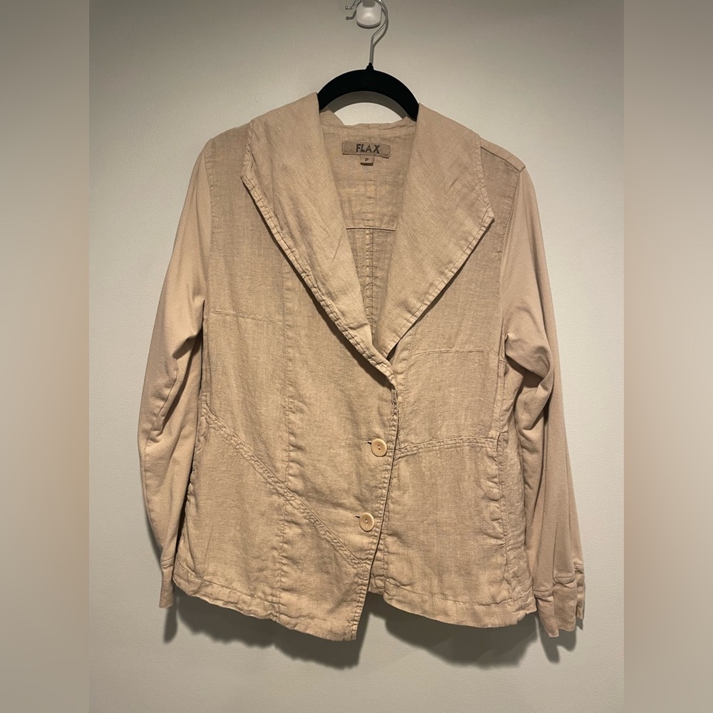 Flax Taupe-Beige Linen Blend Shawl Collar Jacket. Size P = XS/S.